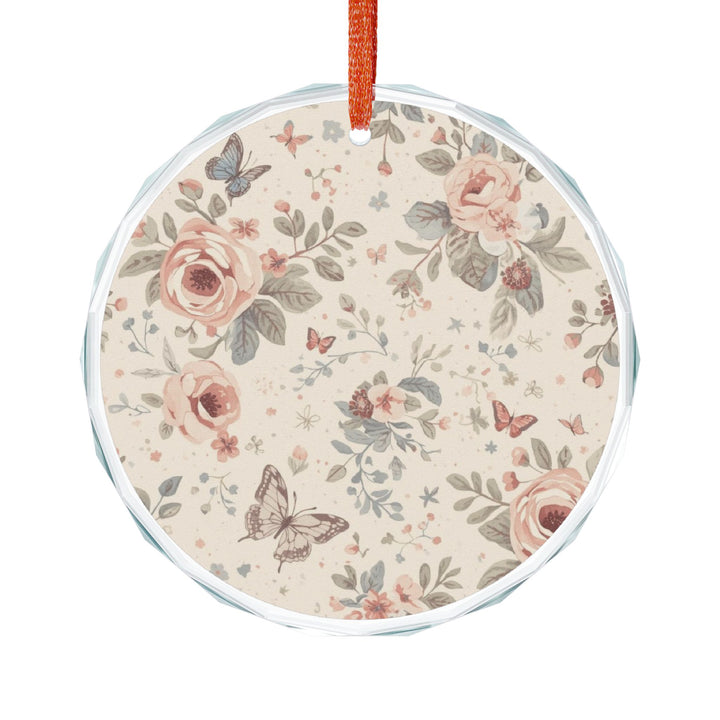 Crystal Glass Ornament – Vintage Floral Roses & Butterflies, Heart/Round