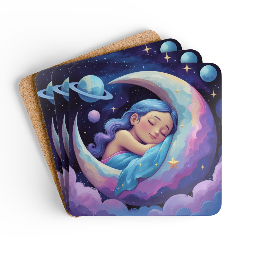 Celestial Dream Corkwood Coaster Set – Whimsical Sleeping Girl & Moon, 4-Pack