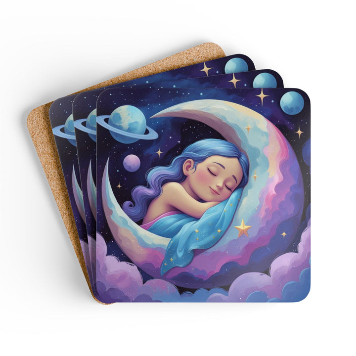 Celestial Dream Corkwood Coaster Set – Whimsical Sleeping Girl & Moon, 4-Pack