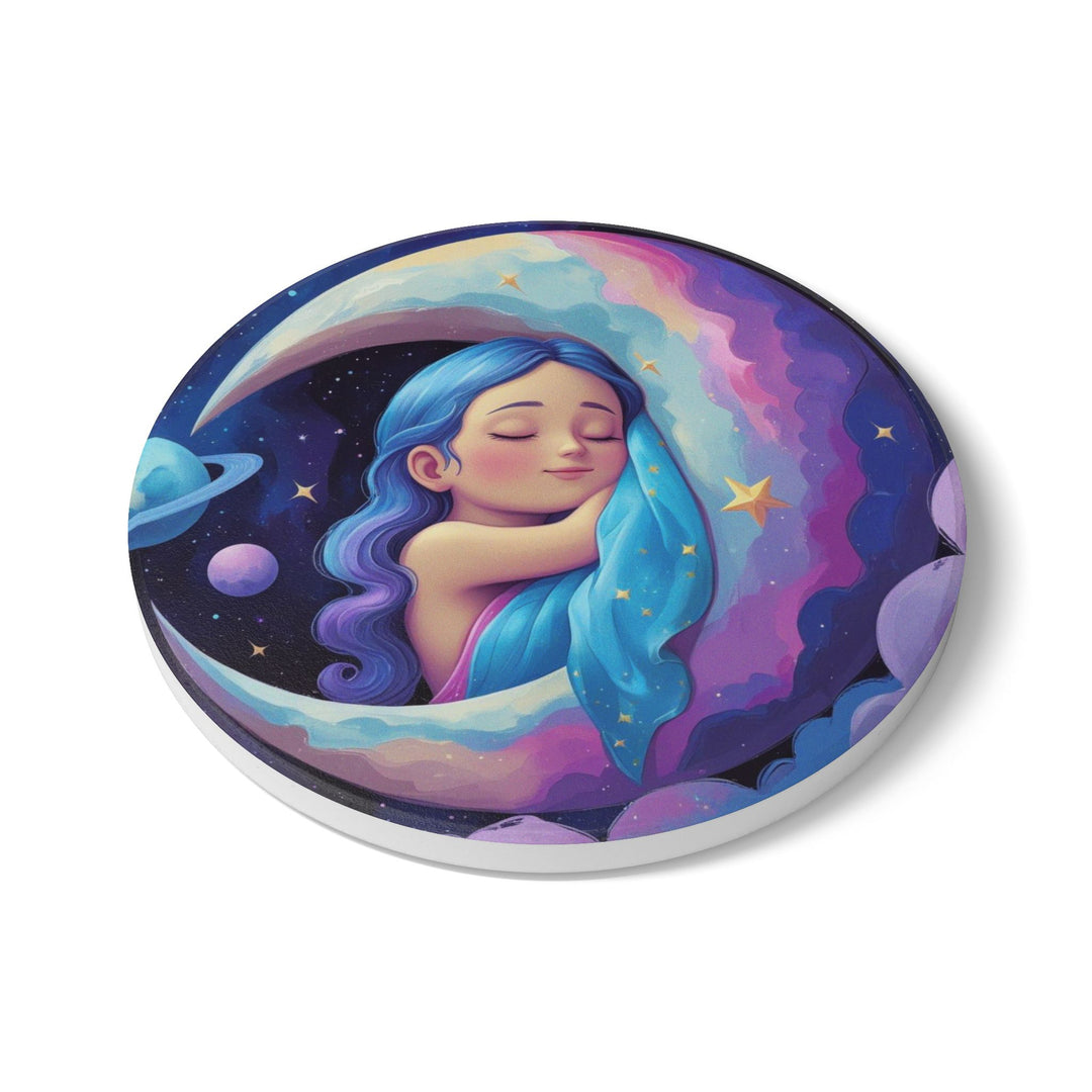 Dreamy Moon Girl Ceramic Coaster – Whimsical Celestial Night Decor