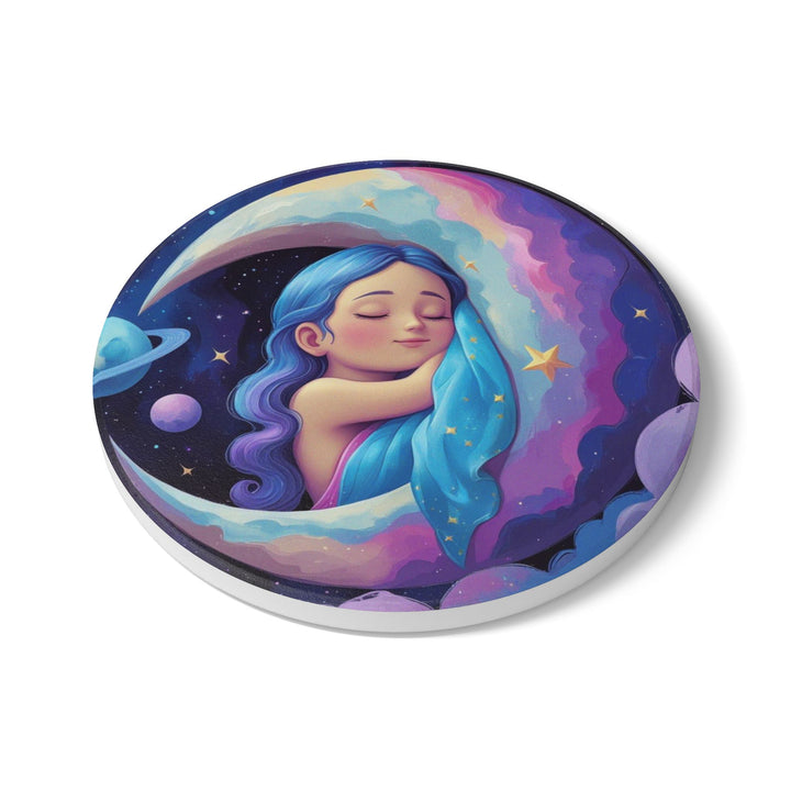 Dreamy Moon Girl Ceramic Coaster – Whimsical Celestial Night Decor