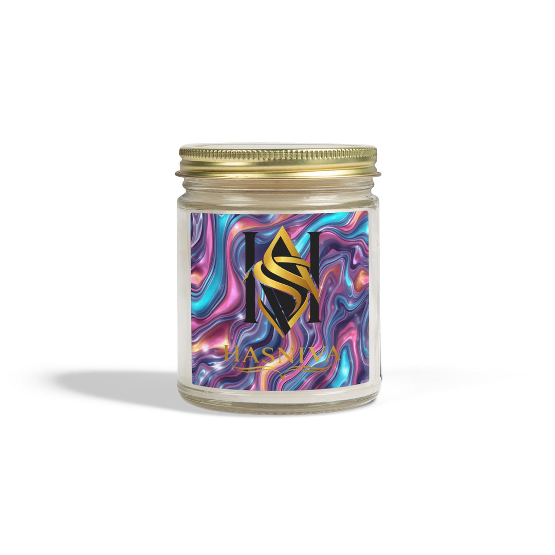 Hand-Poured Coconut Apricot Scented Candle – Iridescent Abstract Design