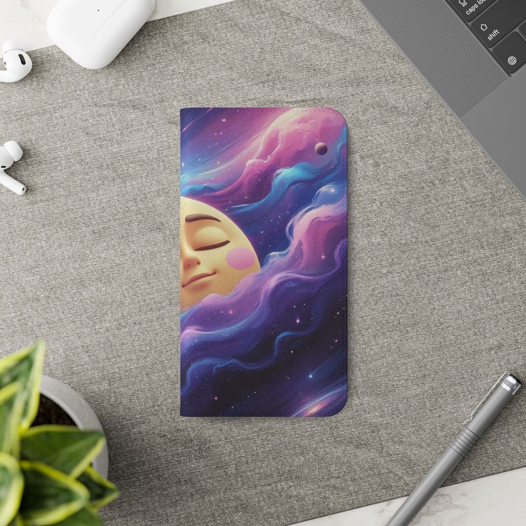 Dreamy Galaxy Flip Case – Cute Moon & Star Wallet Cover, Vegan Leather