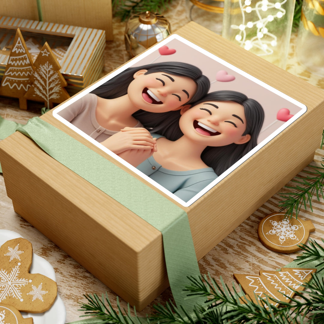 Cheerful 3D Cartoon Kiss-Cut Sticker – Smiling Girls Friendship Vibes