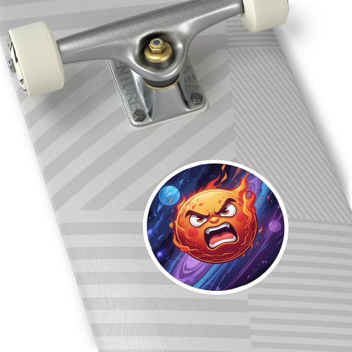 Fiery Cosmic Angry Sun Round Sticker – Durable Indoor/Outdoor Vinyl Decal