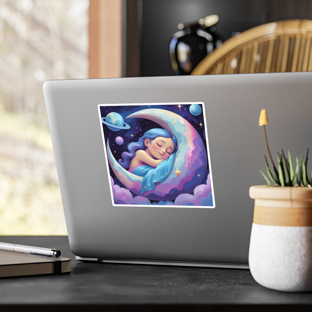 Dreamy Sleeping Girl on Moon Vinyl Sticker – Matte Kiss-Cut, Celestial Vibes