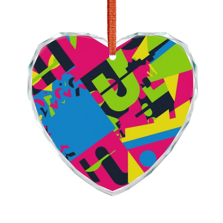 Crystal Glass Ornament – Bold Geometric Neon Art, Round or Heart Shape
