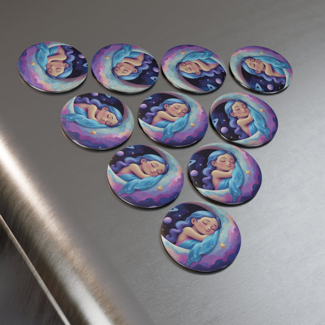 Dreamy Girl on Moon Round Magnet – Customizable, Packs of 1 & 10