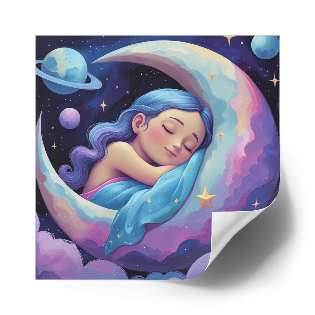 Whimsical Moon Girl Laminate Square Sticker – Dreamy, Durable, Fashion Art
