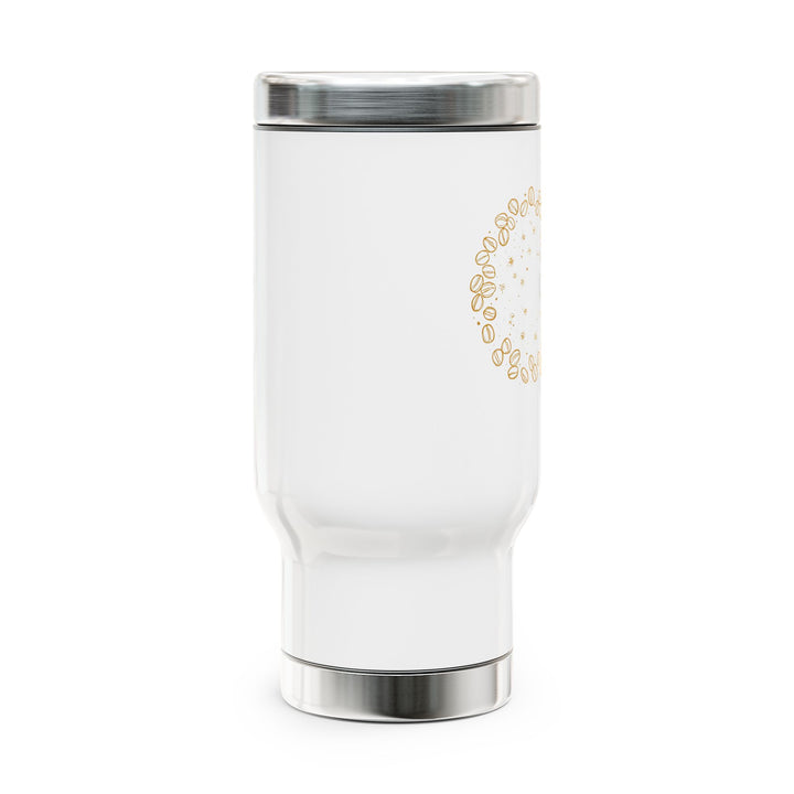 14oz Stainless Steel Travel Mug – Coffee Bean Art, Black, Spill-Proof Handle