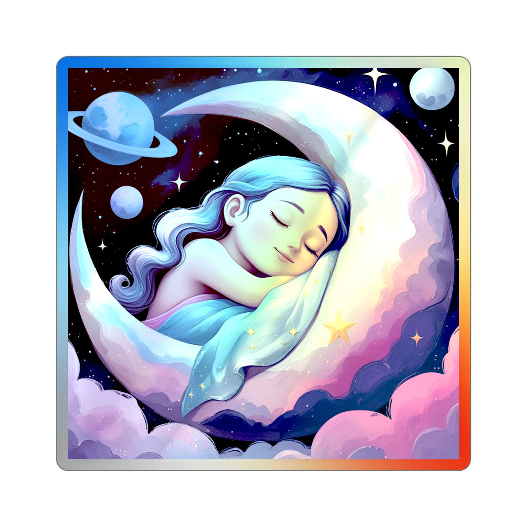 Holographic Die-Cut Sticker – Dreamy Girl on Moon, Celestial Pastel Vibes