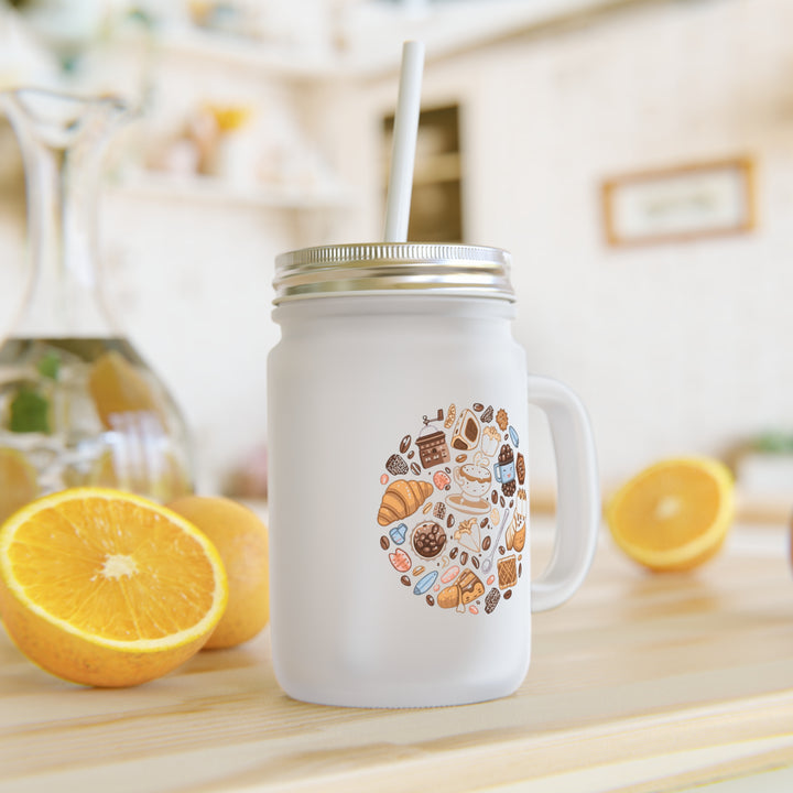 Custom Frosted Mason Jar – Cute Café Cartoon Design, 12oz, Lid & Straw