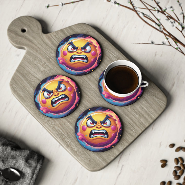 Cosmic Fun Angry Sun Coasters – Bold Space Cartoon, Stylish Table Protection
