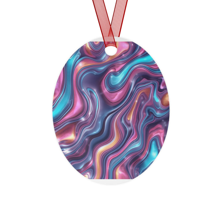 Glossy Metal Ornament – Iridescent Swirl Modern Marble Design, Customizable