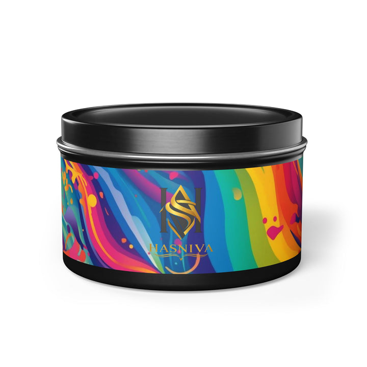 Hand-Poured Tin Candle – Vibrant Abstract Rainbow, Eco Coconut Soy, Gift-Ready