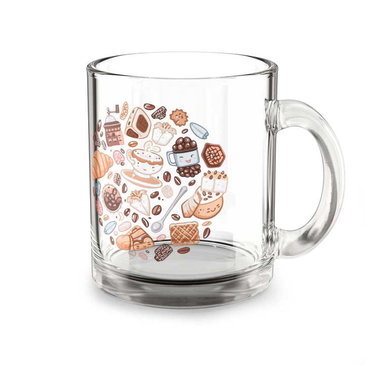 Whimsical Coffee & Pastry Glass Mug 10oz – Cute Café Cartoon Design