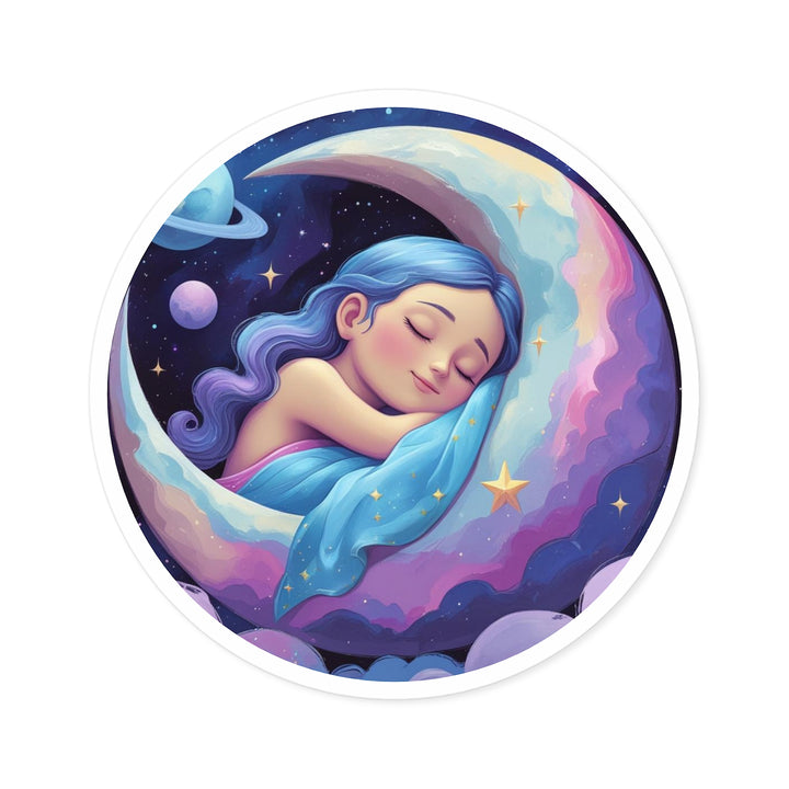 Dreamy Moon Girl Round Sticker – Waterproof, Custom Vinyl Celestial Decor