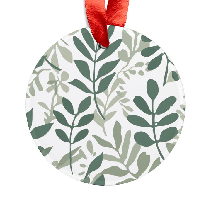 Personalized Acrylic Ornament – Modern Botanical Leafy Green on Black, Custom Ribbon