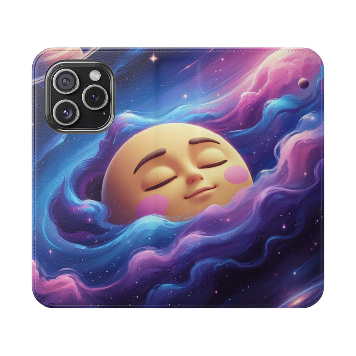 Dreamy Galaxy Flip Case – Cute Moon & Star Wallet Cover, Vegan Leather