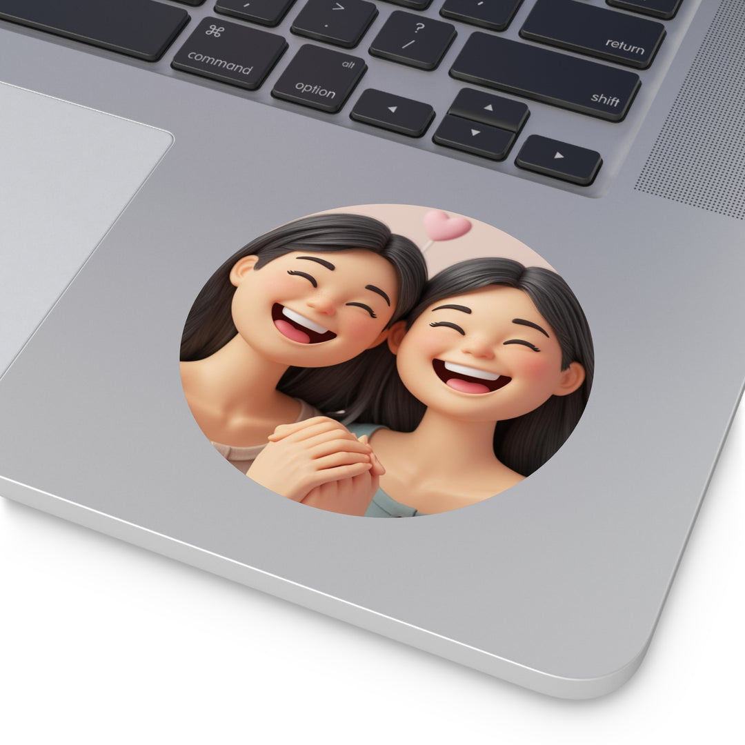 Custom Round Vinyl Sticker – 3D Cartoon Smiling Girls, Waterproof & Trendy