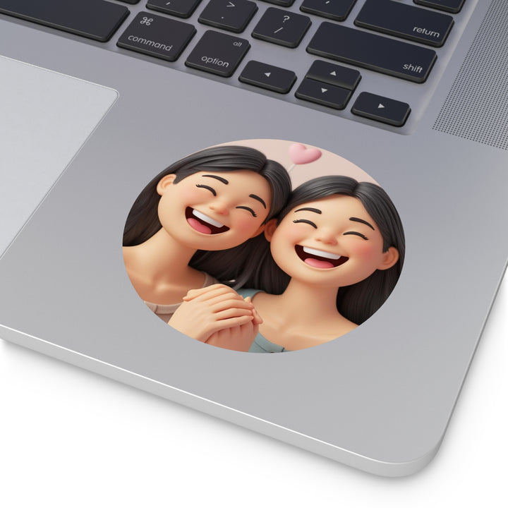 Custom Round Vinyl Sticker – 3D Cartoon Smiling Girls, Waterproof & Trendy