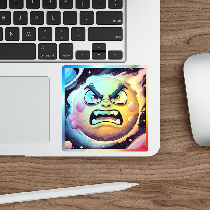 Holographic Die-Cut Sticker – Angry Sun Space Cartoon, Retro Cosmic Vibes