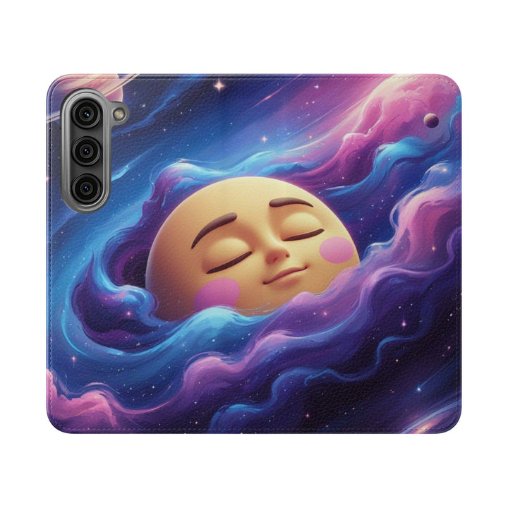 Dreamy Galaxy Flip Case – Cute Moon & Star Wallet Cover, Vegan Leather