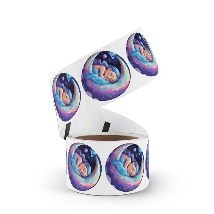 Dreamy Moon Girl Round Sticker Labels – Durable, Glossy, Celestial Rolls