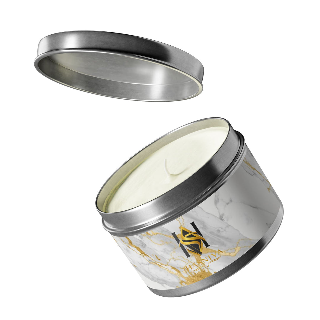 Marble Luxe Hand-Poured Tin Candle – Custom Scents, Glam Gold Accent
