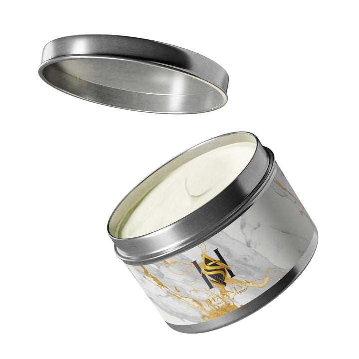 Marble Luxe Hand-Poured Tin Candle – Custom Scents, Glam Gold Accent