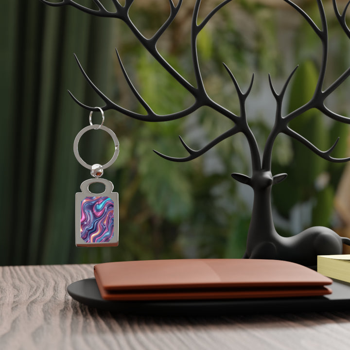Personalized Rectangle Photo Keyring – Modern Iridescent Marble Swirl Gift