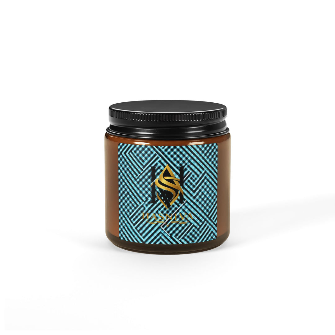 Scented Soy Candle – Amber Jar | Modern Geometric Aqua Grid | 4oz/9oz