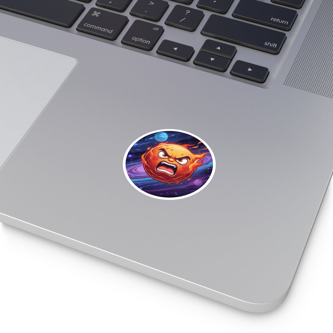 Fiery Cosmic Angry Sun Round Sticker – Durable Indoor/Outdoor Vinyl Decal