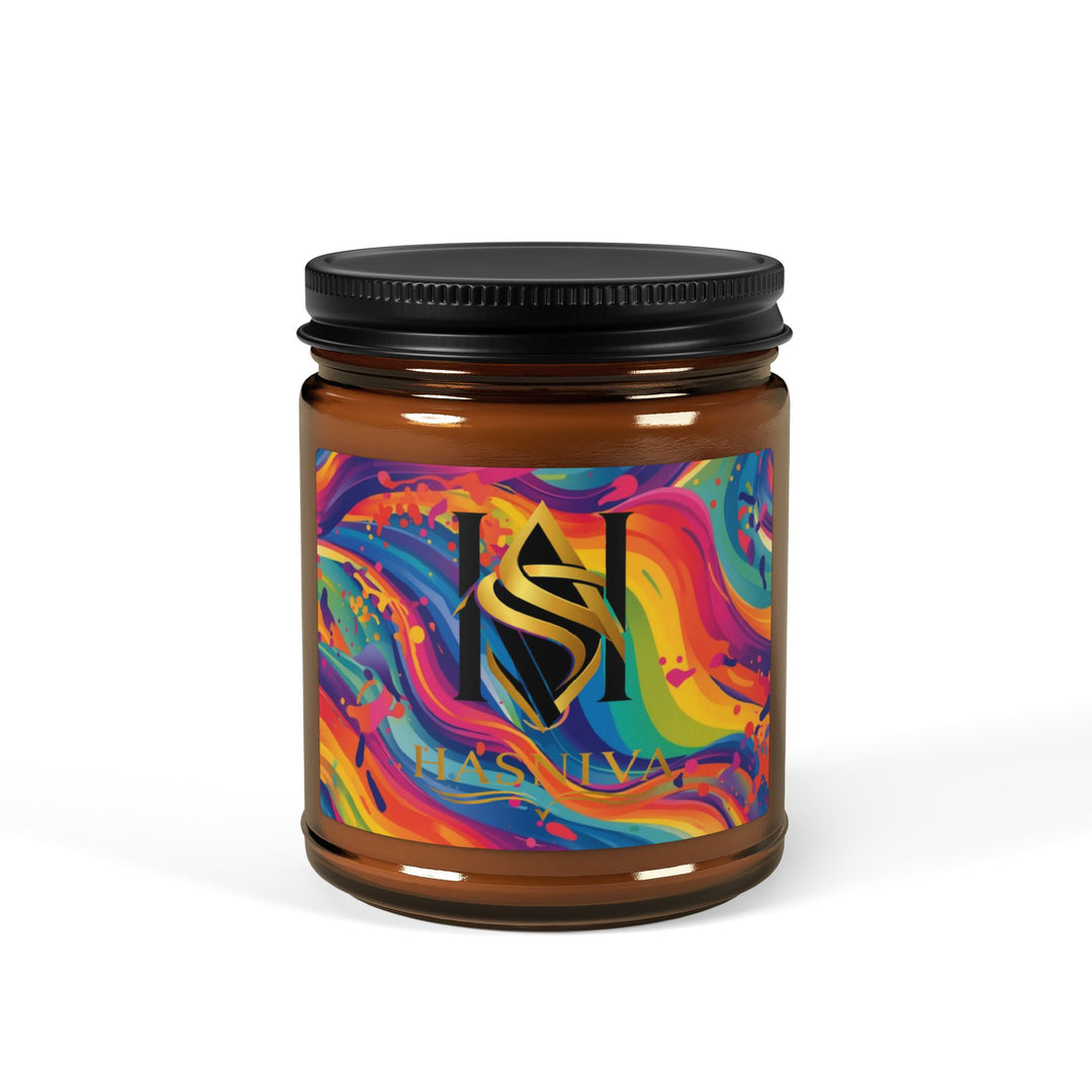Rainbow Swirl Scented Soy Candle – Amber Jar, 2 Sizes, Artistic Décor