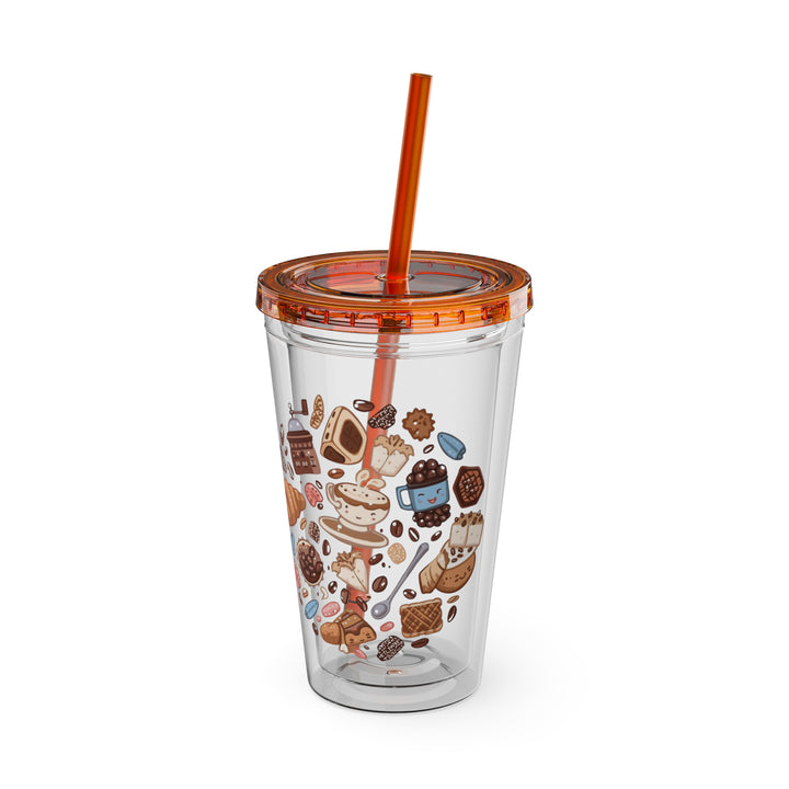 Sunsplash 16oz Tumbler – Cute Café Cartoon Coffee & Dessert, Straw Included