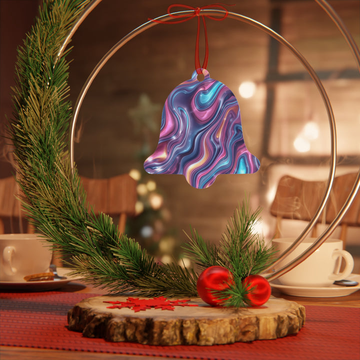 Glossy Metal Ornament – Iridescent Swirl Modern Marble Design, Customizable