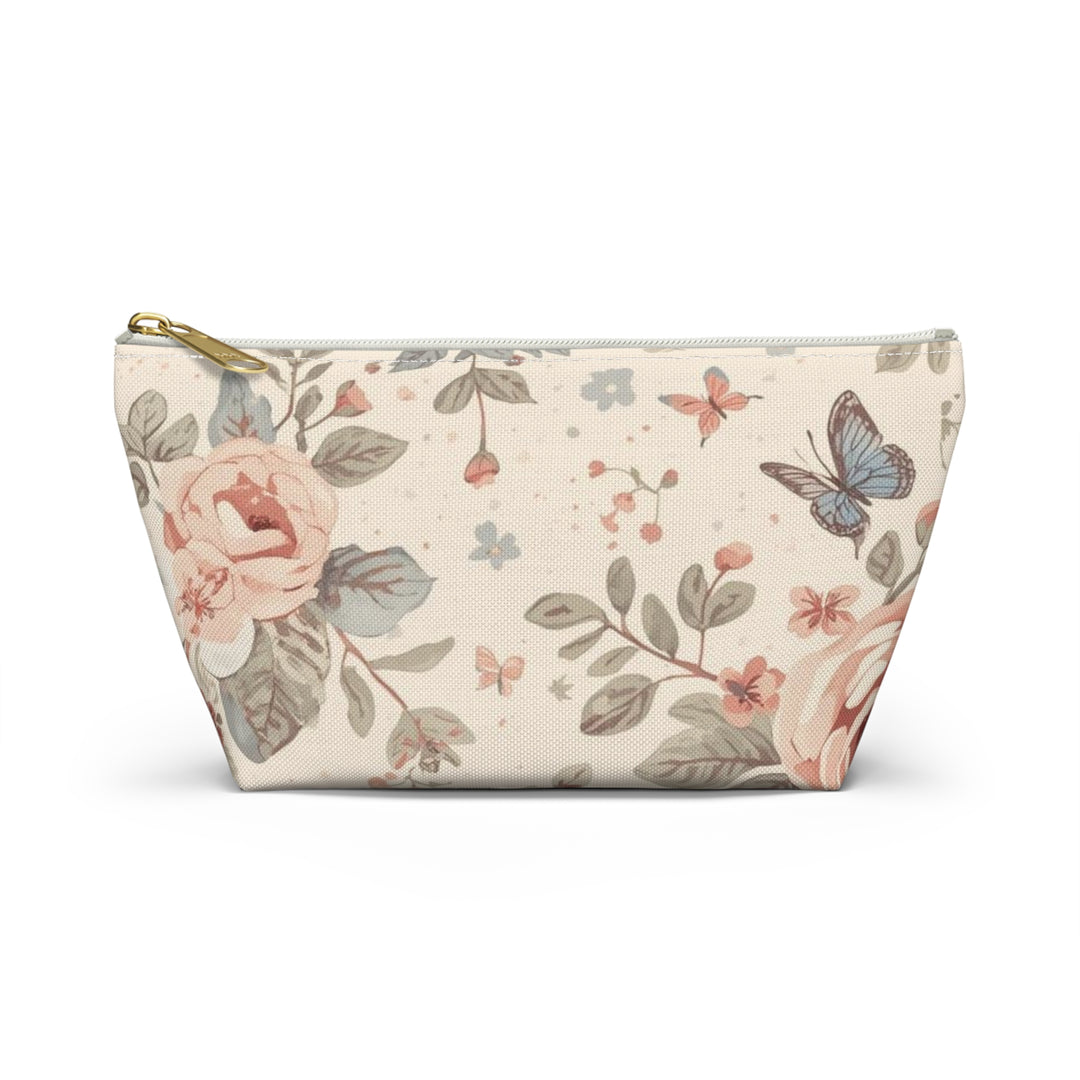 Chic T-Bottom Accessory Pouch – Pastel Floral Roses & Butterflies, Stylish Organizer