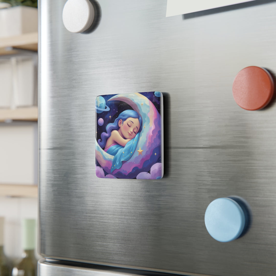 Celestial Girl Porcelain Magnet – Dreamy Square Art for Fridge & Locker Decor