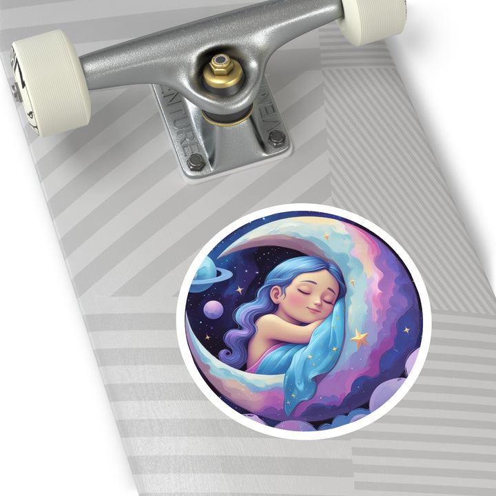 Dreamy Moon Girl Round Sticker – Waterproof, Custom Vinyl Celestial Decor