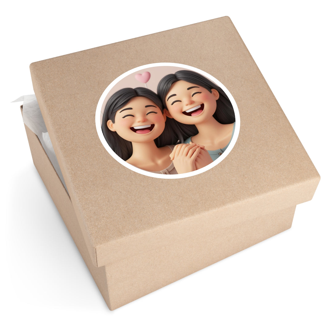 Joyful Friendship 3D Cartoon Round Sticker – Waterproof, Cute & Durable