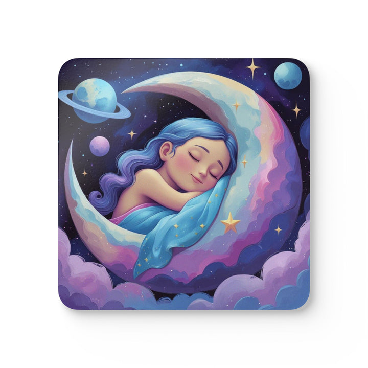 Celestial Dream Corkwood Coaster Set – Whimsical Sleeping Girl & Moon, 4-Pack