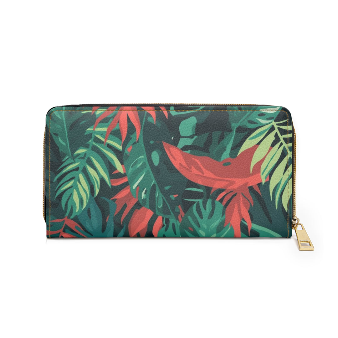 Sleek Personalized Zipper Wallet – Tropical Jungle Leaf Faux Leather Organizer