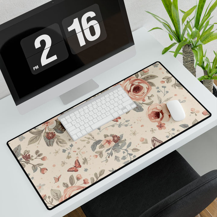 Premium Floral Desk Mat – Elegant Pastel Roses & Butterflies, Non-Slip, Waterproof