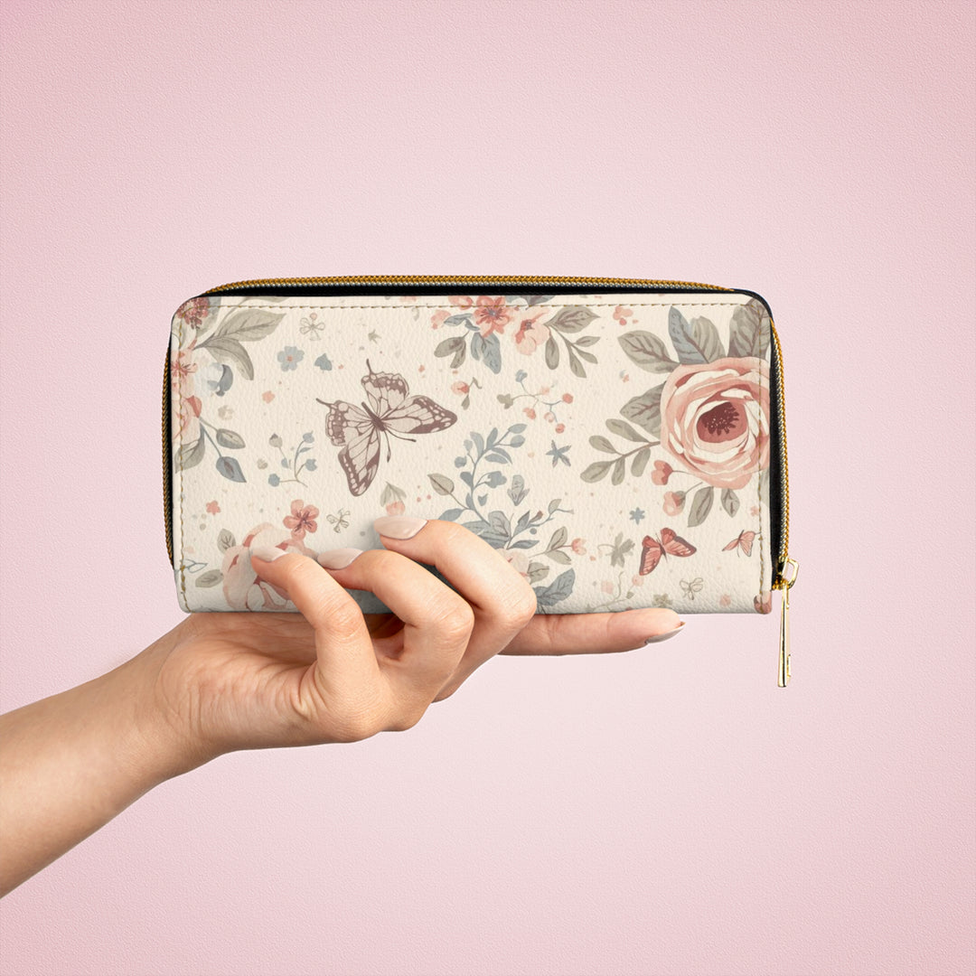 Sleek Floral Zipper Wallet – Personalized Faux Leather, Vintage Roses & Butterflies