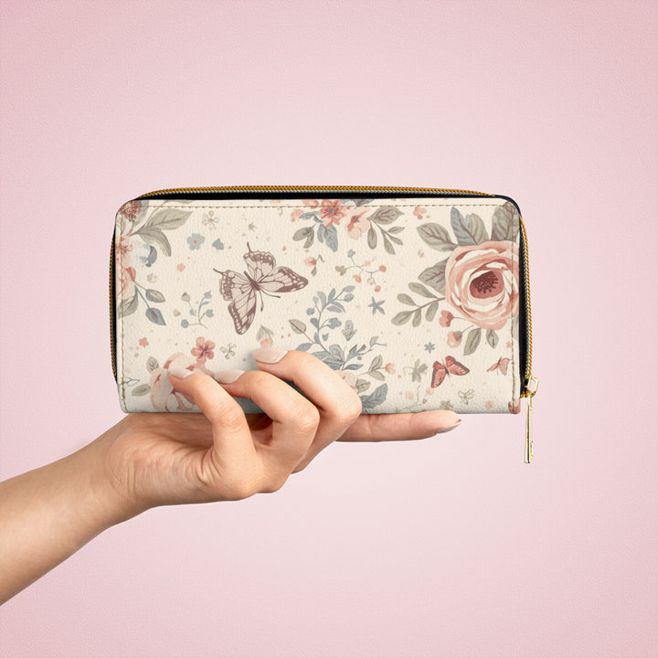 Sleek Floral Zipper Wallet – Personalized Faux Leather, Vintage Roses & Butterflies