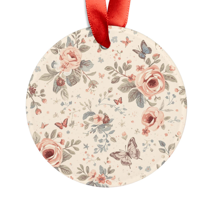 Personalized Acrylic Ornament with Ribbon – Pastel Floral & Butterfly Design