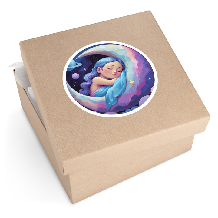 Dreamy Moon Girl Round Sticker – Waterproof, Custom Vinyl Celestial Decor