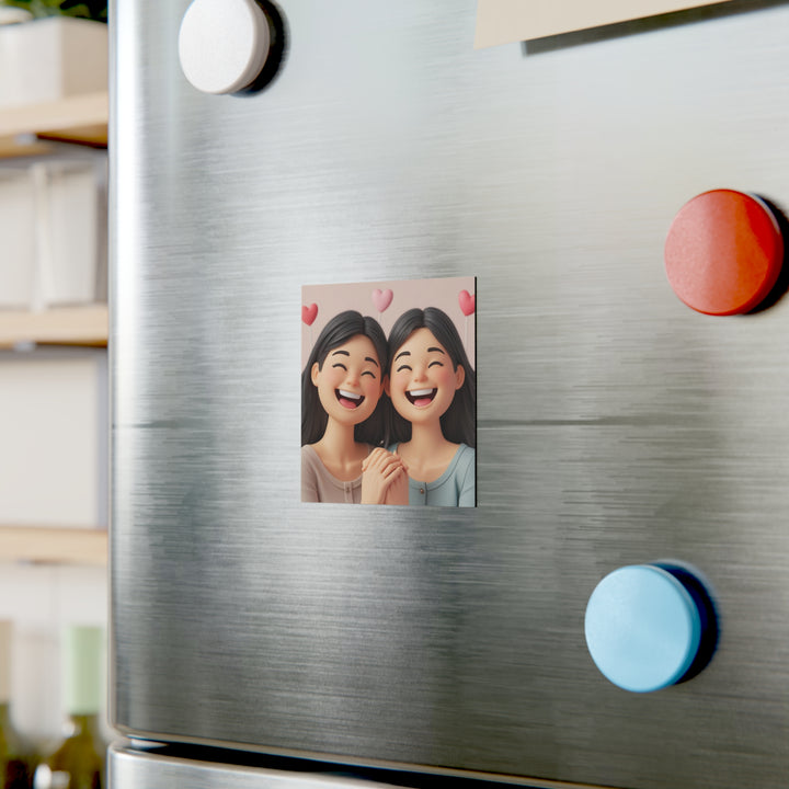 Personalized Square Magnet – Cute Cartoon Girls, Friendship, Custom Gift