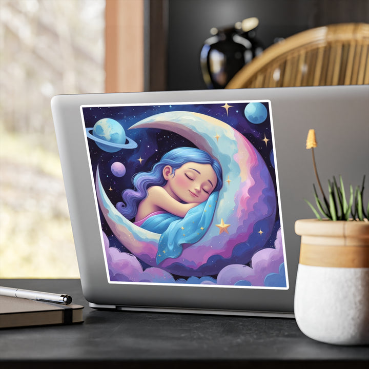 Dreamy Sleeping Girl on Moon Vinyl Sticker – Matte Kiss-Cut, Celestial Vibes