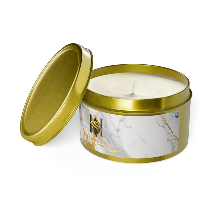 Marble Luxe Hand-Poured Tin Candle – Custom Scents, Glam Gold Accent